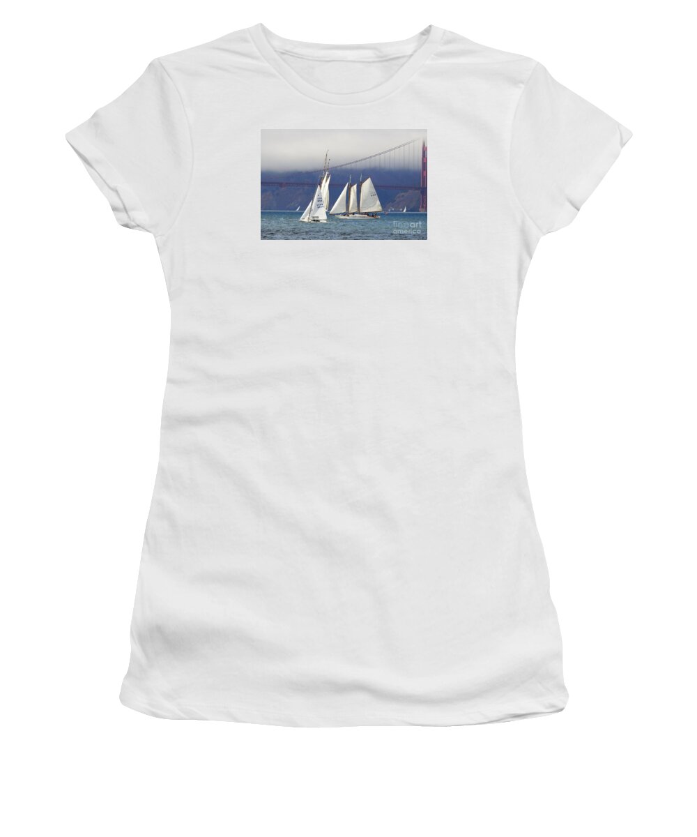 Yankee Schooner-schooners-gaff Rigged-sailboats Women's T-Shirt featuring the photograph On Frisco Bay by Scott Cameron