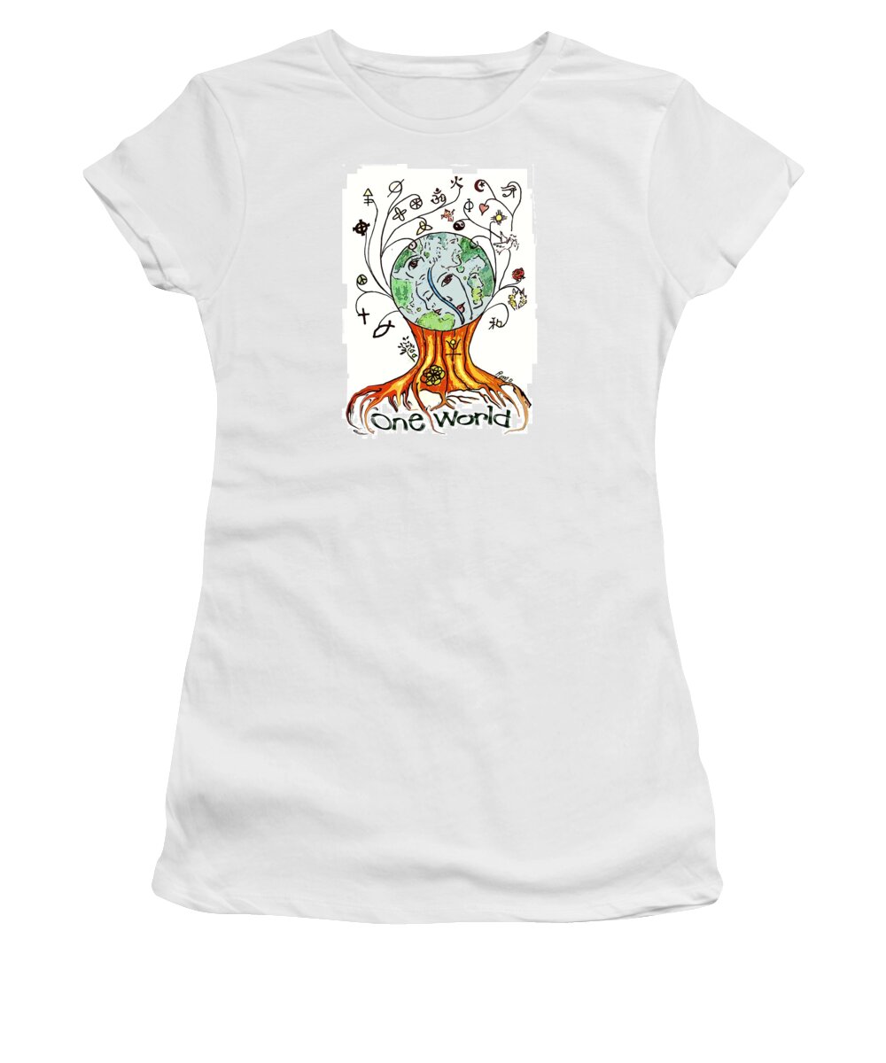 World Women's T-Shirt featuring the drawing One World by Robin Monroe