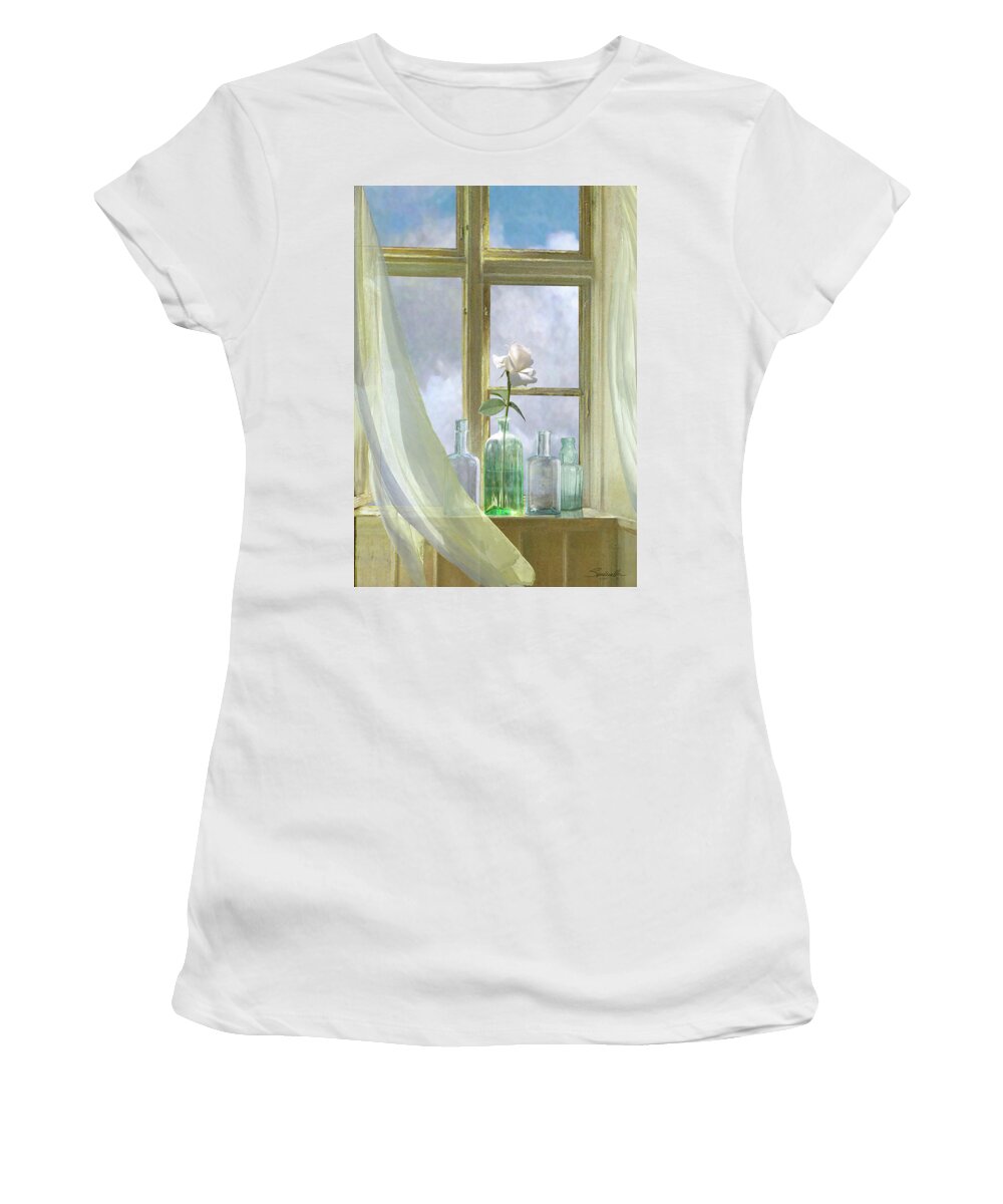 Curtains Women's T-Shirt featuring the digital art Open Window by M Spadecaller