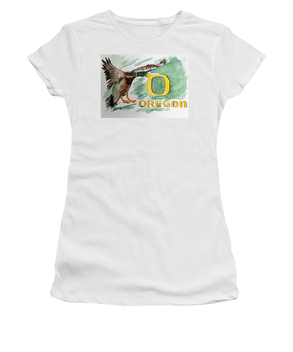 University Women's T-Shirt featuring the painting Oregon Ducks by Elaine Duras