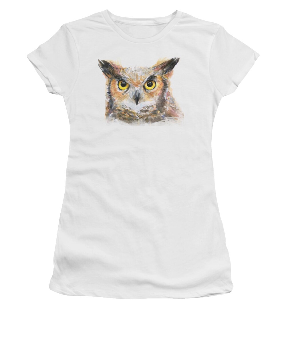 Old Women's T-Shirt featuring the painting Owl Watercolor Portrait Great Horned by Olga Shvartsur