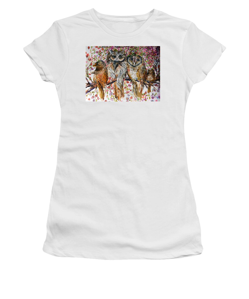 Owls Women's T-Shirt featuring the painting Owly Owls by Ashleigh Dyan Bayer