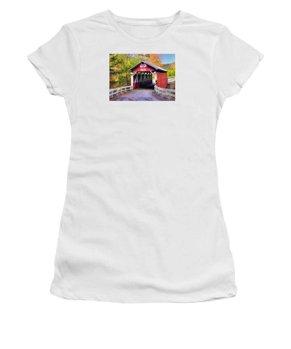 Packsaddle Covered Bridge Women's T-Shirt featuring the photograph PA Country Roads - Packsaddle / Doc Miller Covered Bridge Over Brush Creek No. 1A - Somerset County by Michael Mazaika