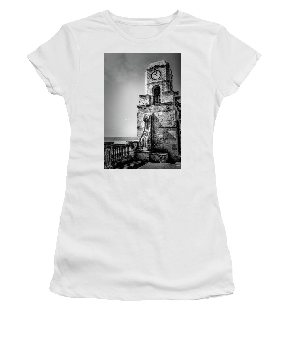Palm Beach Women's T-Shirt featuring the photograph Palm Beach Clock Tower In Black And White by Carol Montoya