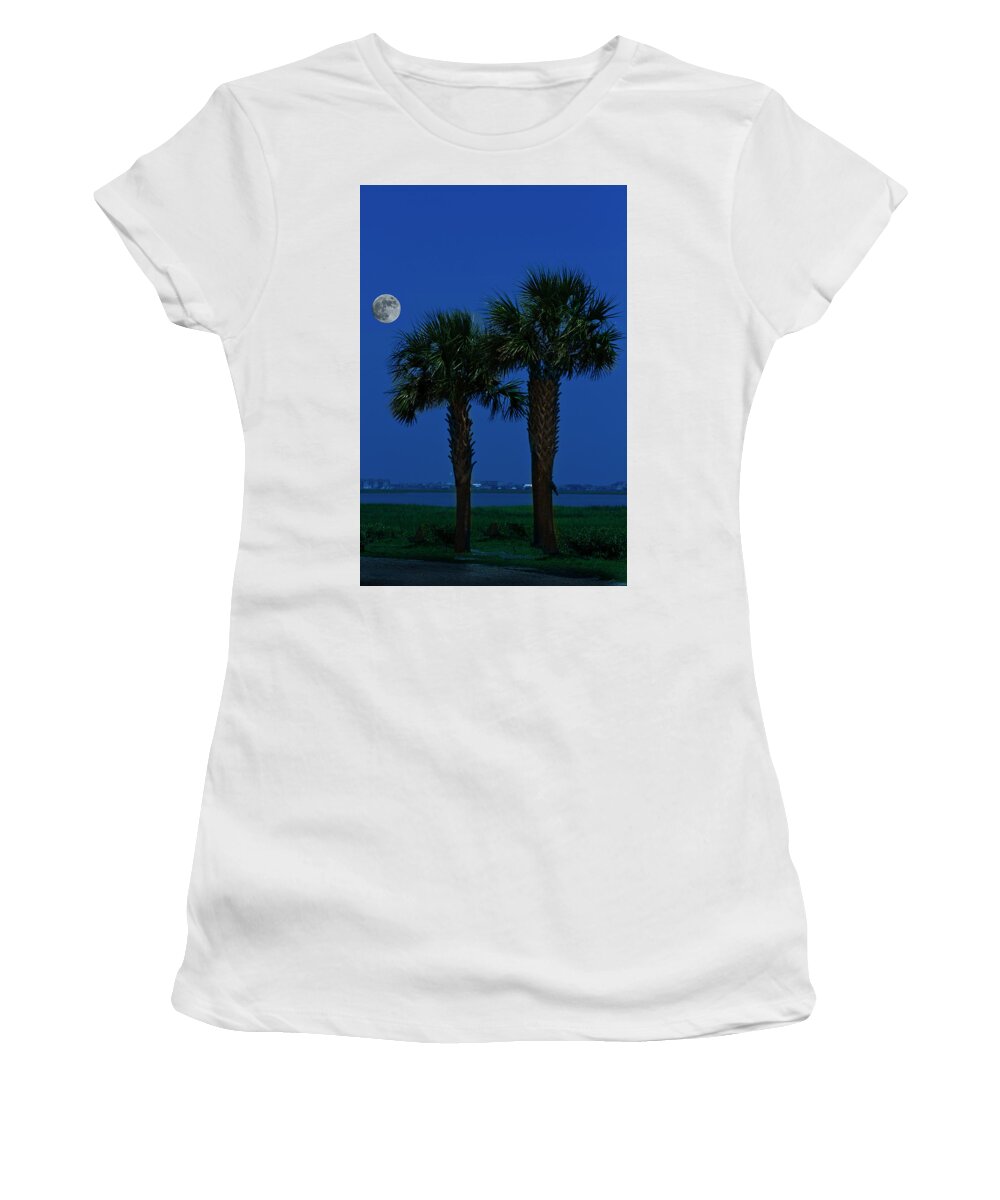Palms Women's T-Shirt featuring the photograph Palms and Moon at Morse Park by Bill Barber