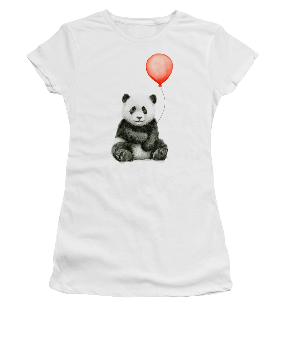 Baby Panda Women's T-Shirt featuring the painting Panda Baby and Red Balloon Nursery Animals Decor by Olga Shvartsur