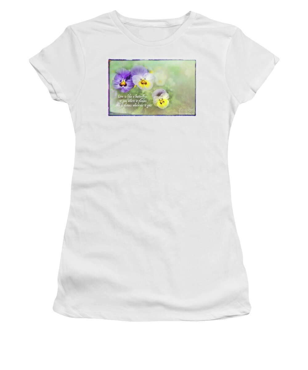 Close-ups Women's T-Shirt featuring the photograph Pansies and Butterflies by Marilyn Cornwell