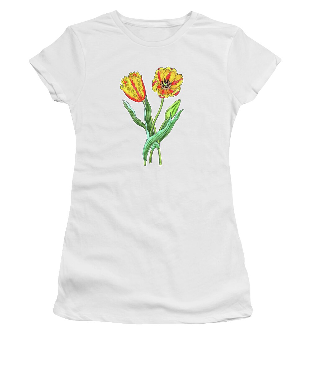 Parrot Tulips Women's T-Shirt featuring the painting Parrot Tulips Botanical Watercolor by Irina Sztukowski