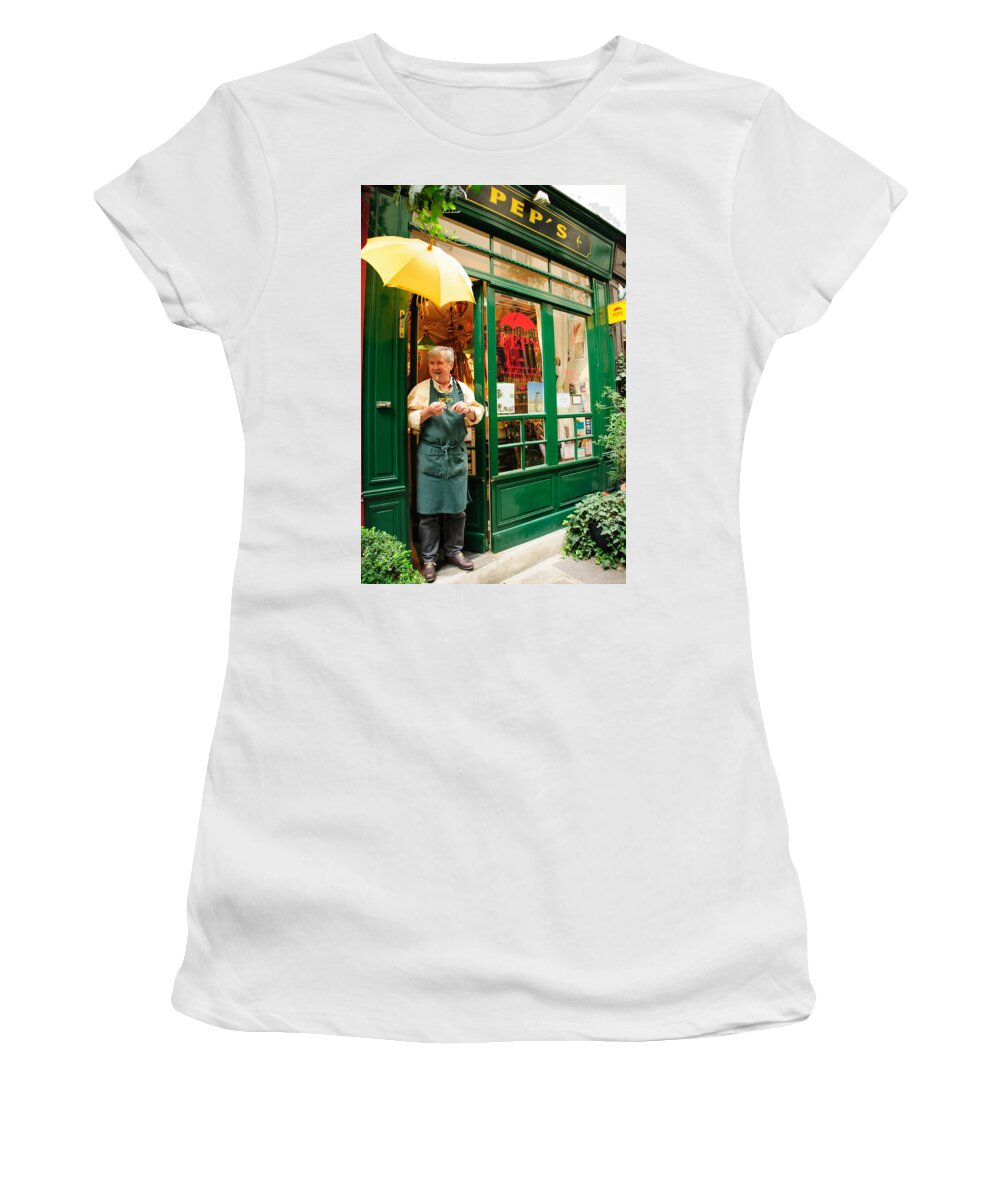 Paris Women's T-Shirt featuring the photograph Pep's Umbrella Repair Shop by Roberta Kayne