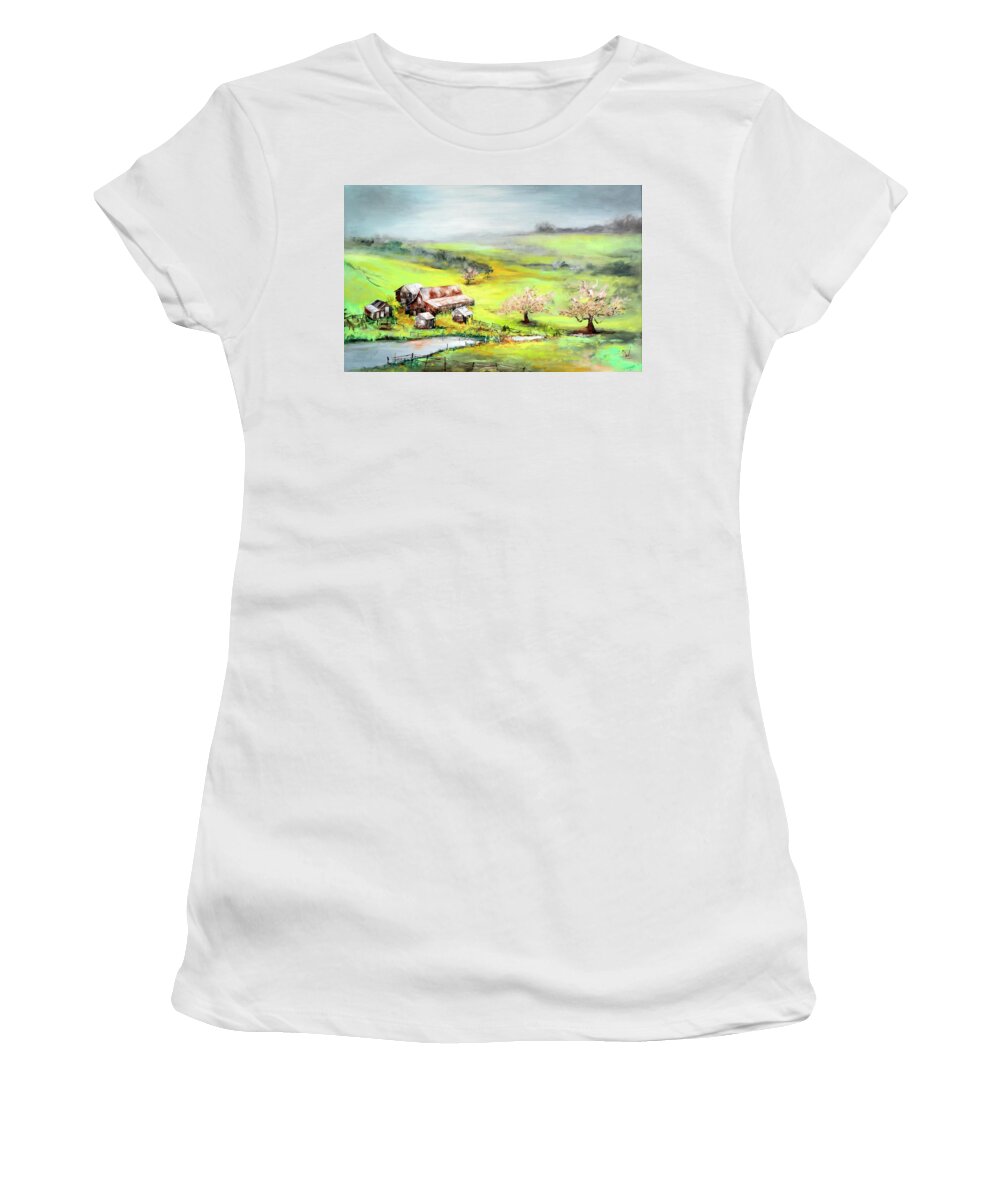 Fine Art Women's T-Shirt featuring the painting Petaluma Fogbreak by Philip Lodwick Wilkinson