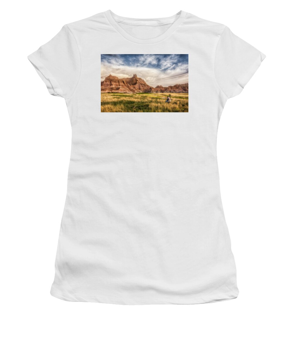 Natural Forms Women's T-Shirt featuring the photograph Photographer waiting for the Badlands Light by Rikk Flohr