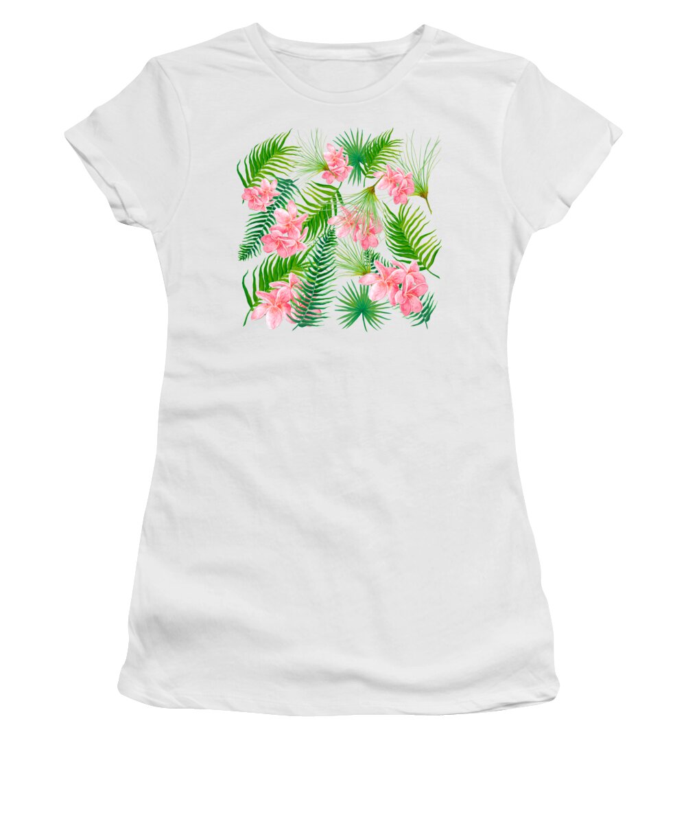 Fern Leaves Women's T-Shirt featuring the painting Pink Frangipani and Fern Leaves by Jan Matson