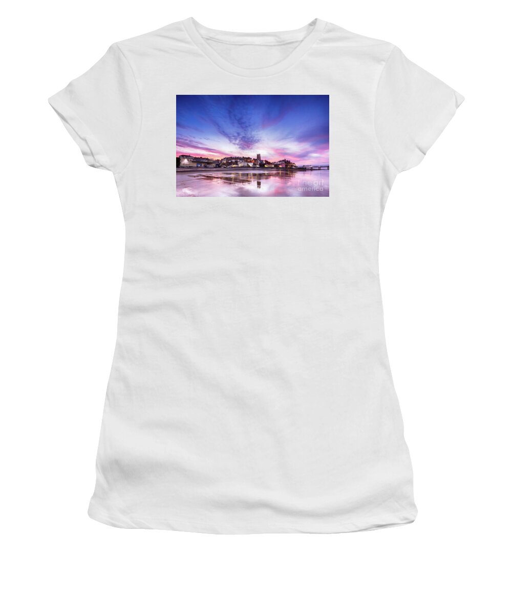 Cromer Women's T-Shirt featuring the photograph Pink sunset reflections over Cromer town at dusk by Simon Bratt