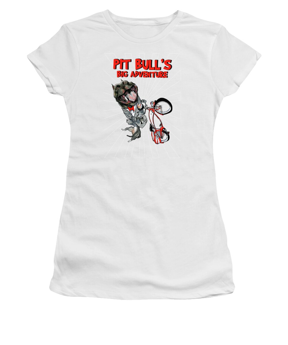 Dog Caricature Women's T-Shirt featuring the drawing Pit Bull's Big Adventure Caricature by Canine Caricatures By John LaFree