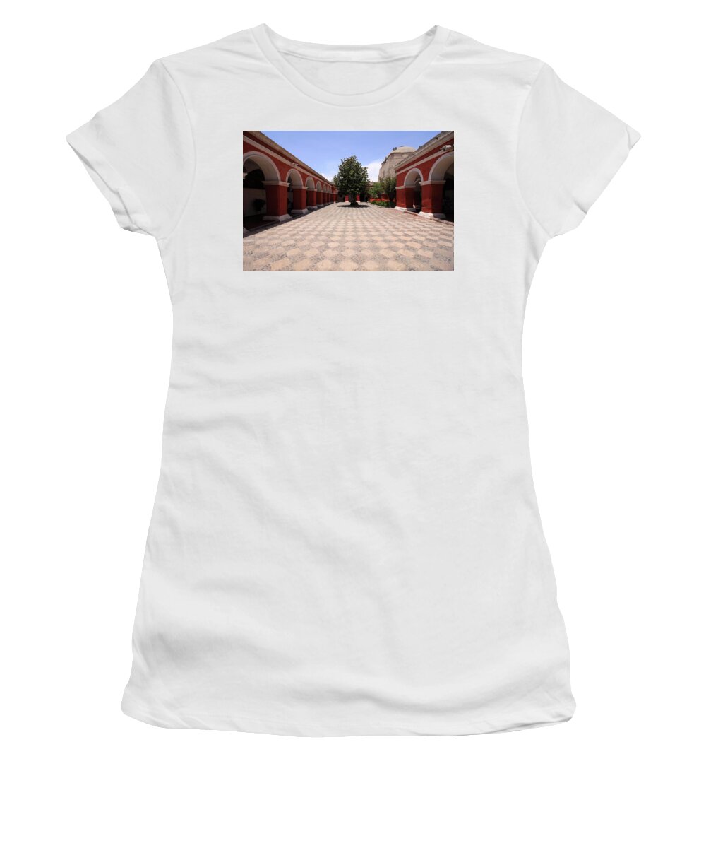 Santa Catalina Monastery Women's T-Shirt featuring the photograph Plaza At Santa Catalina Monastery by Aidan Moran