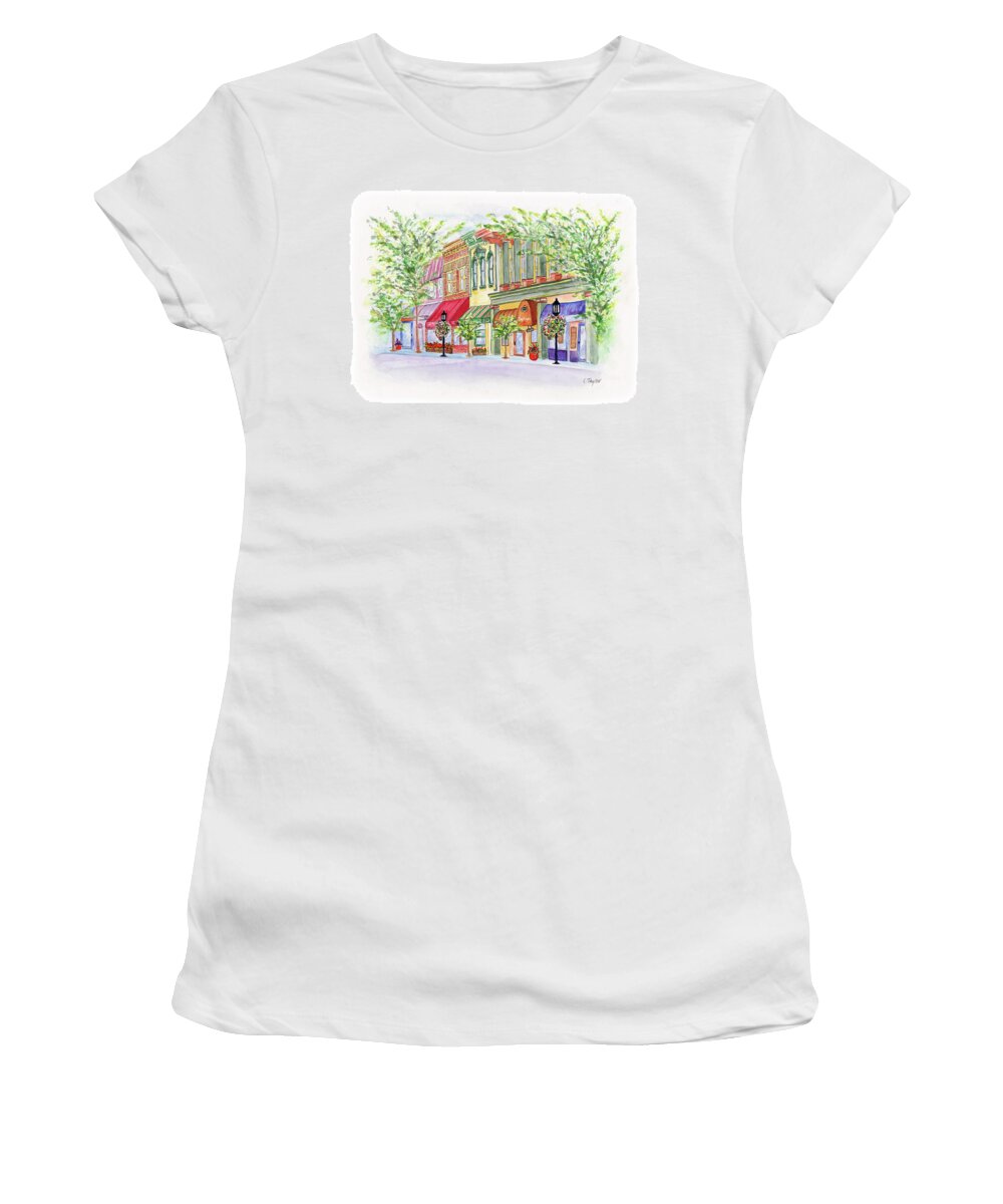 Ashland Oregon Women's T-Shirt featuring the painting Plaza Shops by Lori Taylor