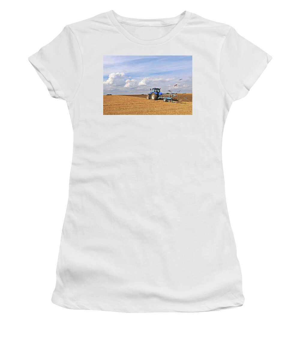 Farm Landscape Women's T-Shirt featuring the photograph Ploughing After The Harvest by Gill Billington