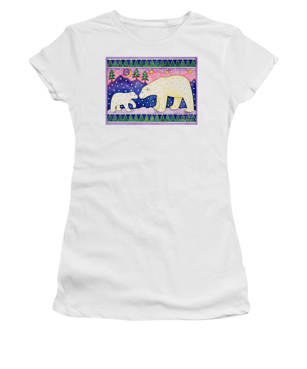 Snowing; Snow Flake; Crescent; Moon; Cub; Dusk; Christmas Tree Women's T-Shirt featuring the painting Polar Bears by Cathy Baxter