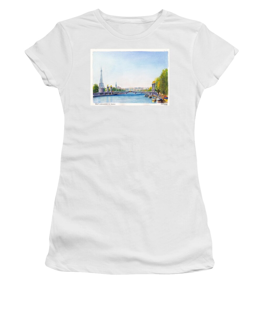 Paris Women's T-Shirt featuring the painting Pont Alexandre III or Alexander the Third Bridge over the River Seine in Paris France by Dai Wynn
