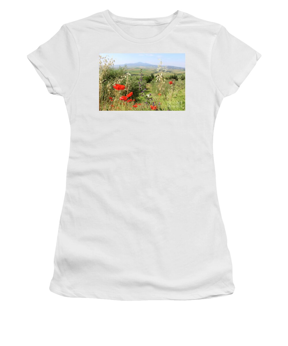 Val D'orcia Women's T-Shirt featuring the photograph Poppies and other wildflowers in the Val d'Orcia with Mount Amia by Adam Long