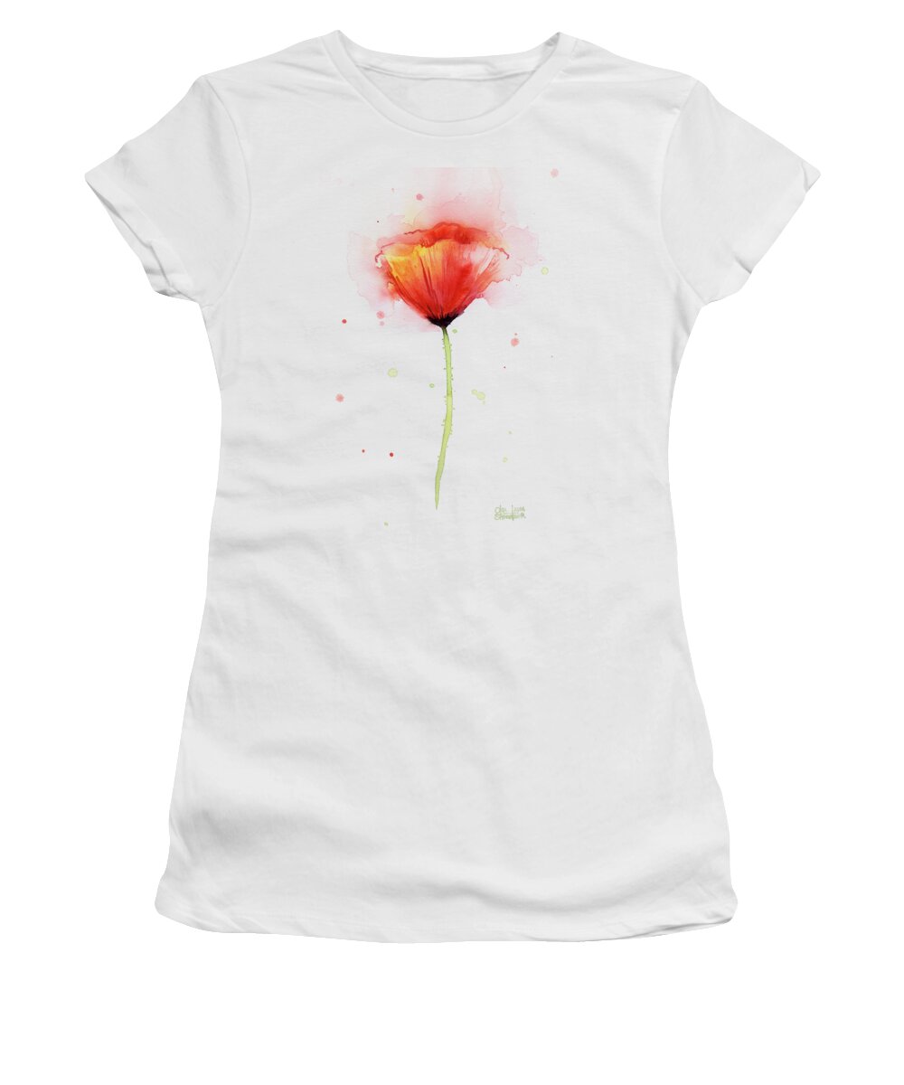 Watercolor Women's T-Shirt featuring the painting Poppy Watercolor Red Abstract Flower by Olga Shvartsur