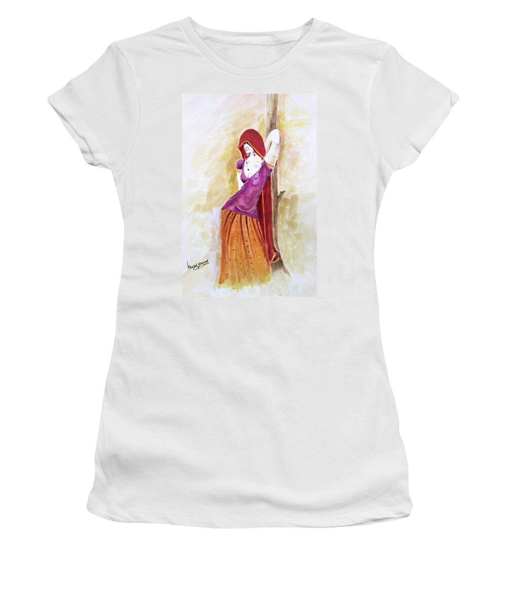 Lady Women's T-Shirt featuring the painting Pose by Khalid Saeed