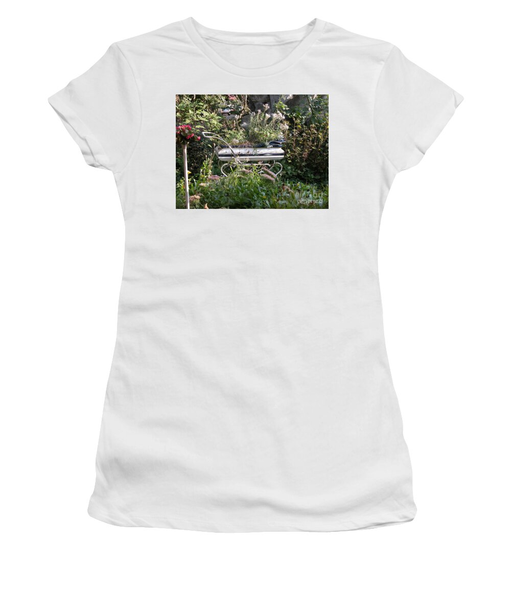 Prams Women's T-Shirt featuring the photograph Pram in Garden by Jim Goodman