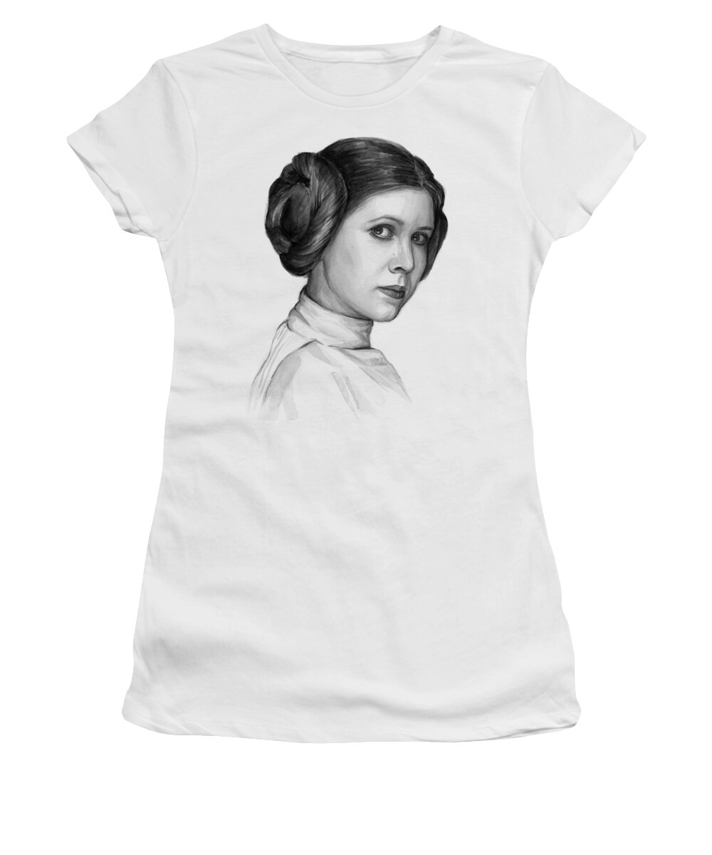 Leia Women's T-Shirt featuring the painting Princess Leia Watercolor Portrait by Olga Shvartsur