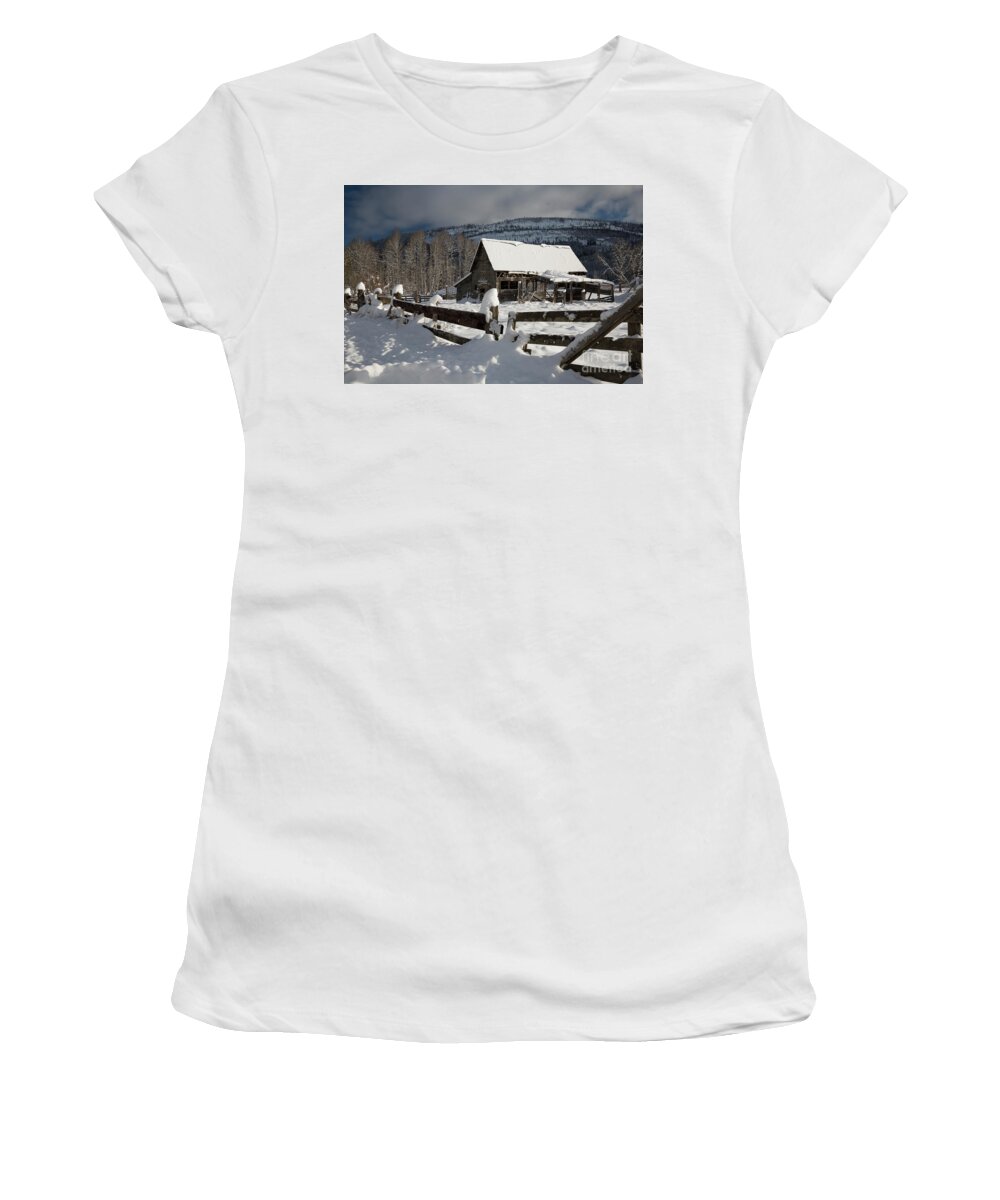 Bonners Ferry Women's T-Shirt featuring the photograph Purcell Mtn Barn by Idaho Scenic Images Linda Lantzy