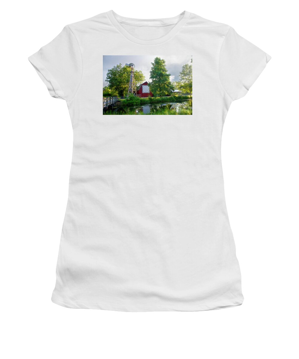 Windmill Women's T-Shirt featuring the photograph Quilt Barn and Windmill at Bonneyville Mill by David Arment