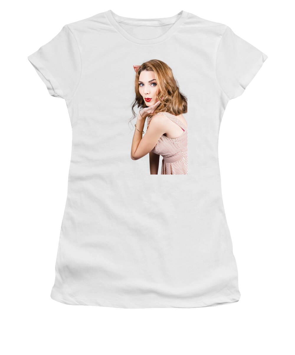 Pinup Women's T-Shirt featuring the photograph Quirky portrait of a posing 50s girl in pinup style by Jorgo Photography