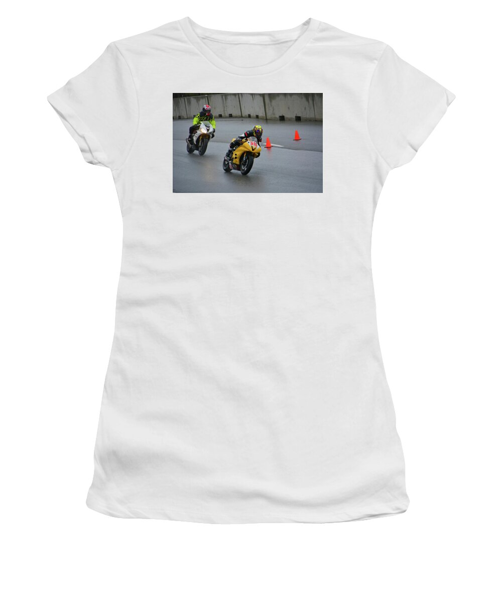 Racing Women's T-Shirt featuring the photograph Racing in the Rain by Mike Martin