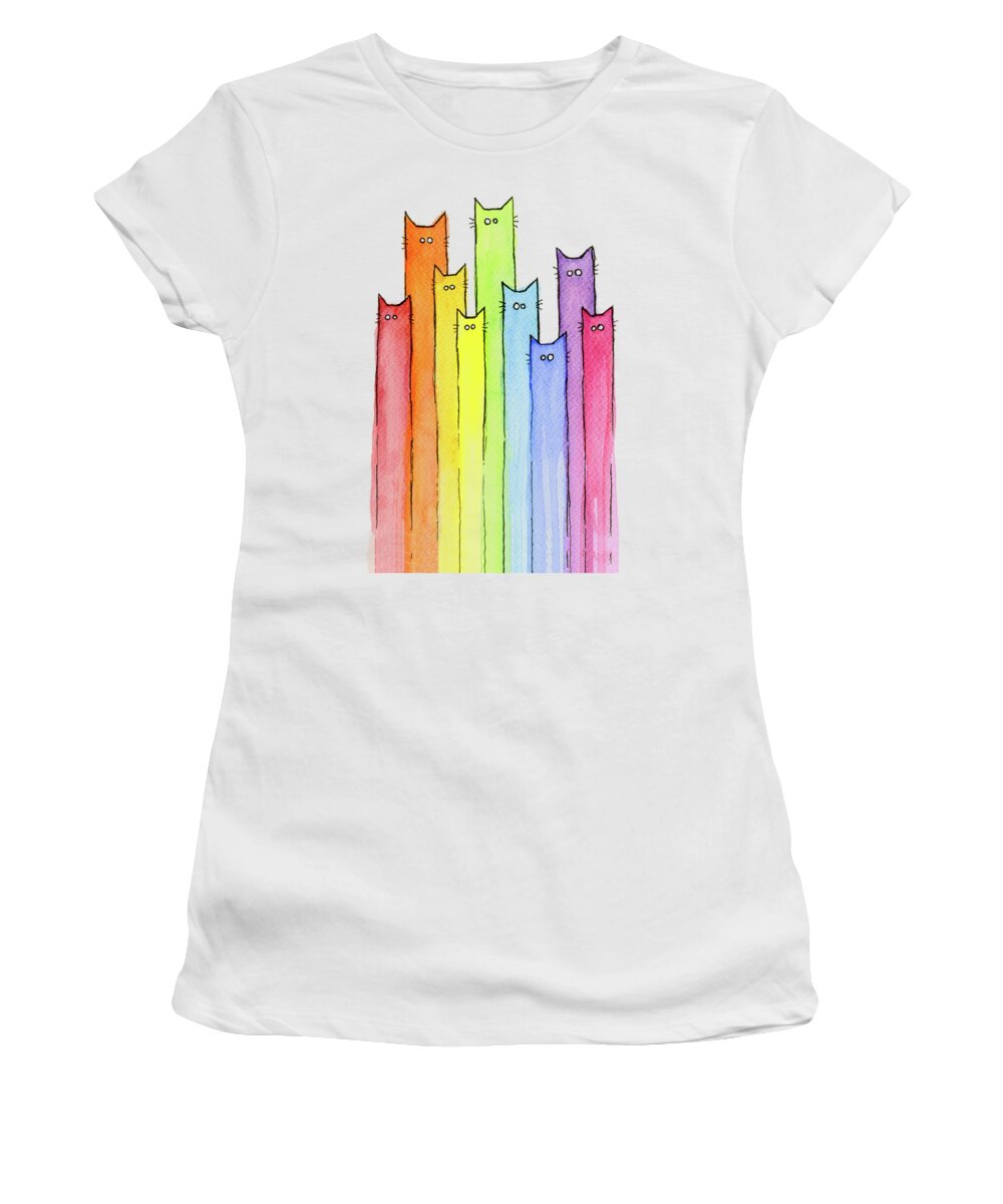Watercolor Women's T-Shirt featuring the painting Rainbow of Cats by Olga Shvartsur