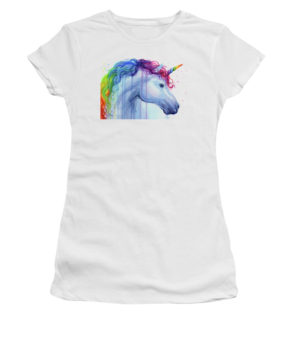 Unicorn Women's T-Shirt featuring the painting Rainbow Unicorn Watercolor by Olga Shvartsur