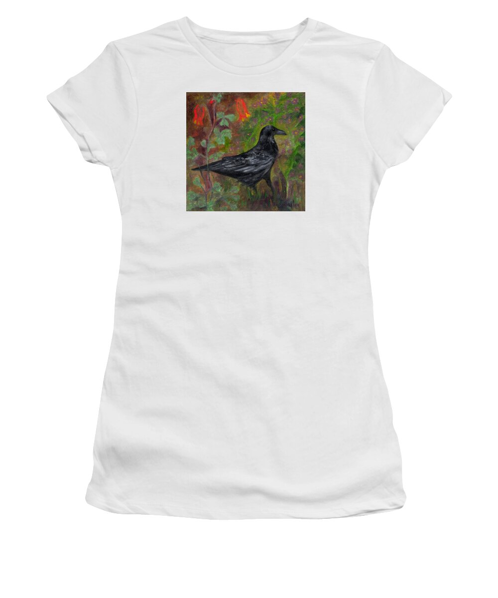 Birds Women's T-Shirt featuring the painting Raven in Columbine by FT McKinstry