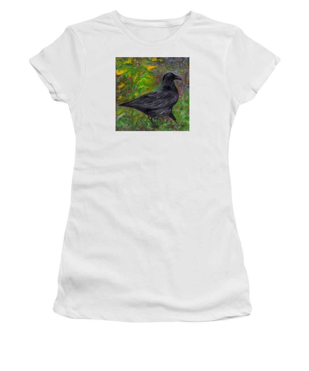 Birds Women's T-Shirt featuring the painting Raven in Goldenrod by FT McKinstry