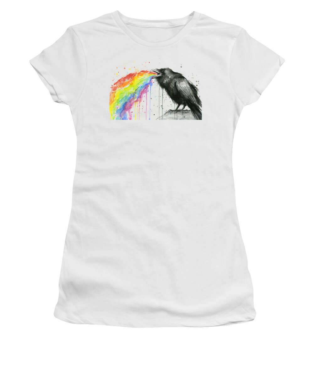 Raven Women's T-Shirt featuring the painting Raven Tastes the Rainbow by Olga Shvartsur