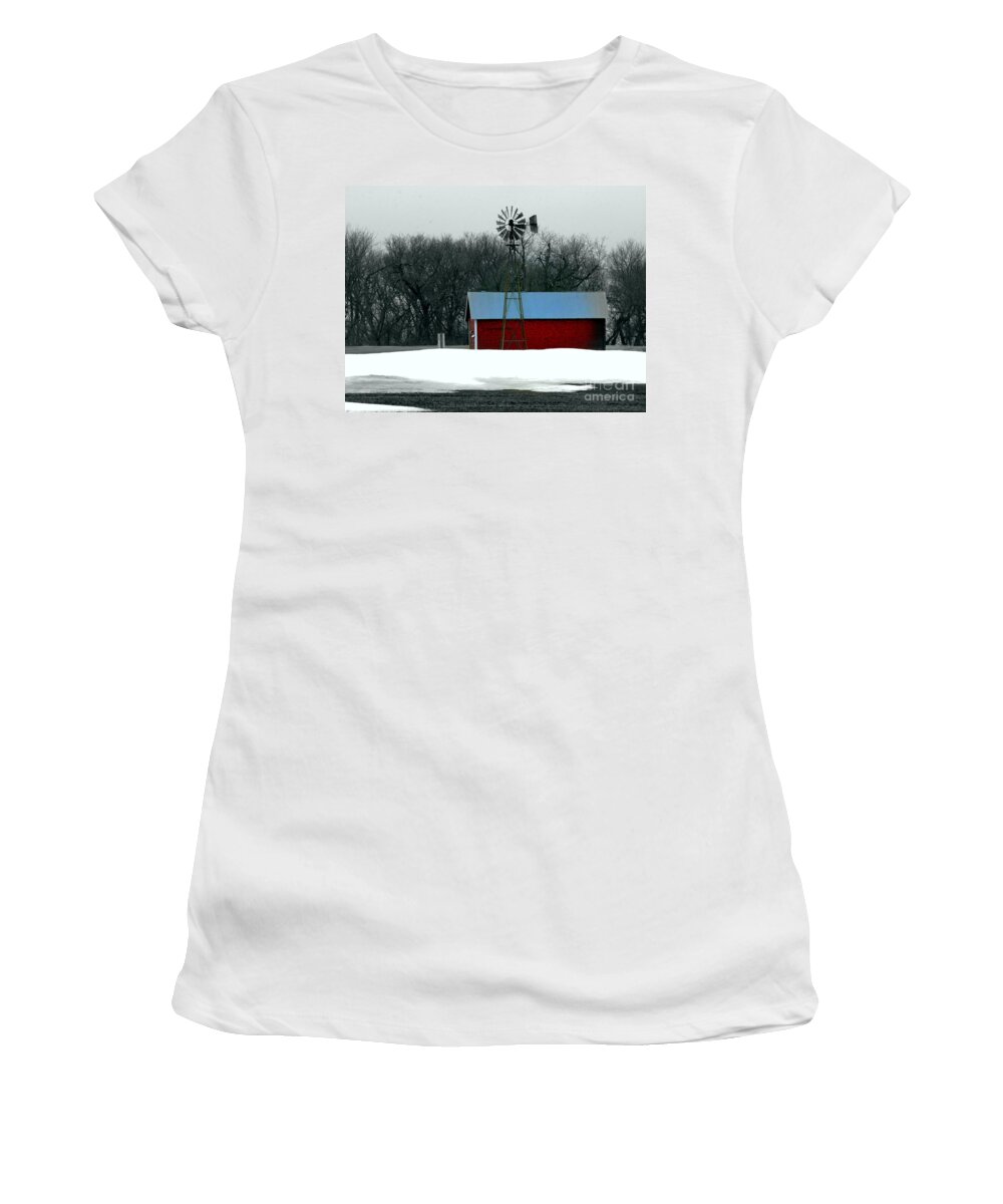 Red Barn Women's T-Shirt featuring the photograph Red Barn and Windmill by Julie Lueders 