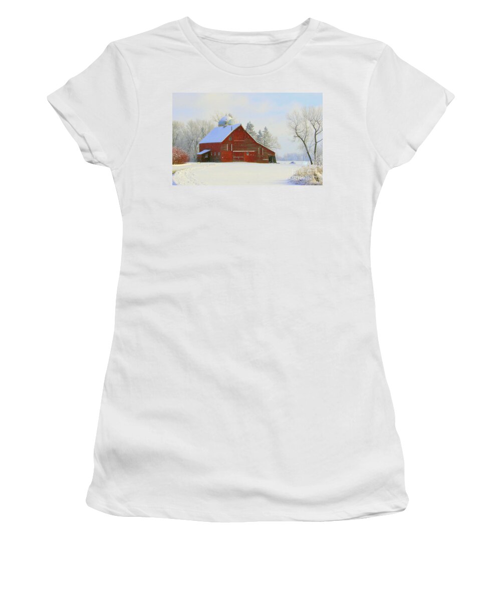 Red Barn Women's T-Shirt featuring the photograph Red Barn in the Snow by Julie Lueders 