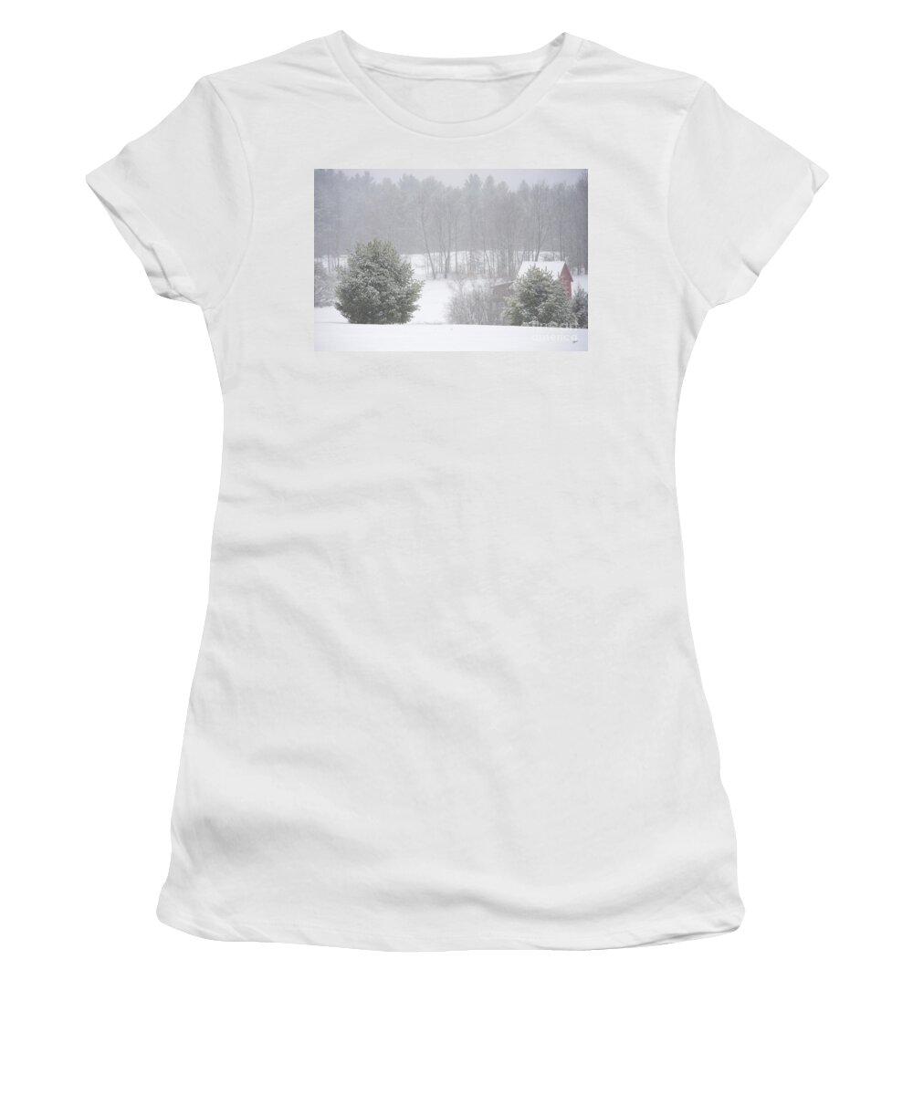 Maine Women's T-Shirt featuring the photograph Red Barn on a Foggy Day by Alana Ranney