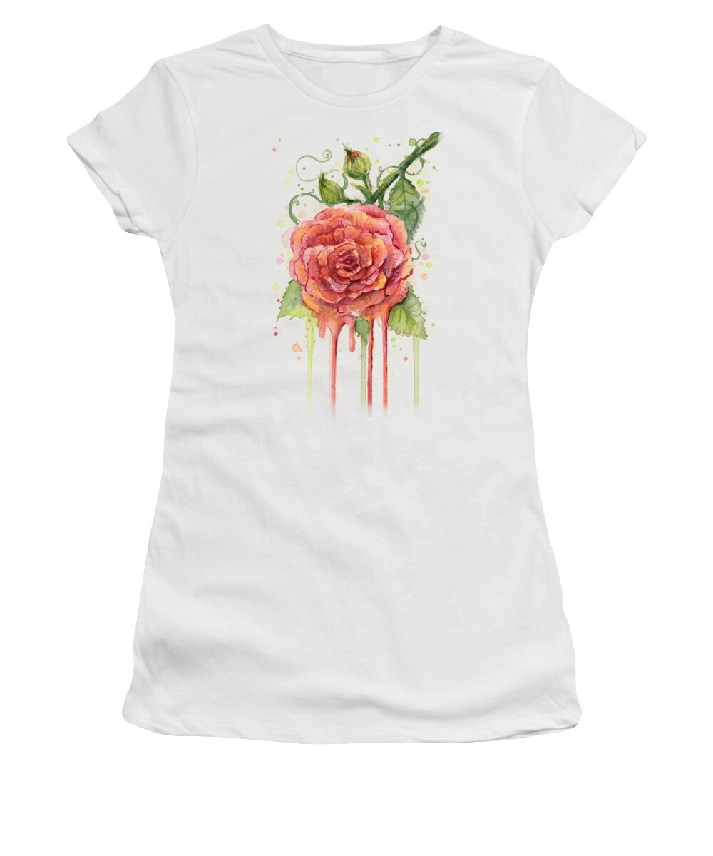 Rose Women's T-Shirt featuring the painting Red Rose Dripping Watercolor by Olga Shvartsur