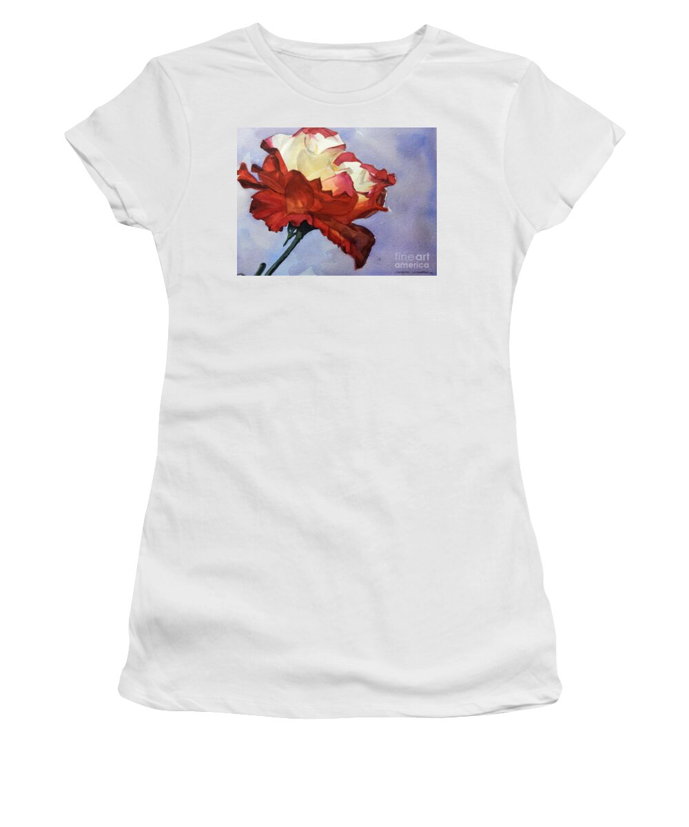 Watercolor Women's T-Shirt featuring the painting Watercolor of a Red and White Rose on Blue Field by Greta Corens
