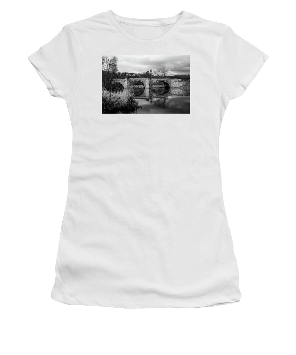 B & W Women's T-Shirt featuring the photograph Reflecting Oval Stone Bridge in Blanc and White by Dennis Dame