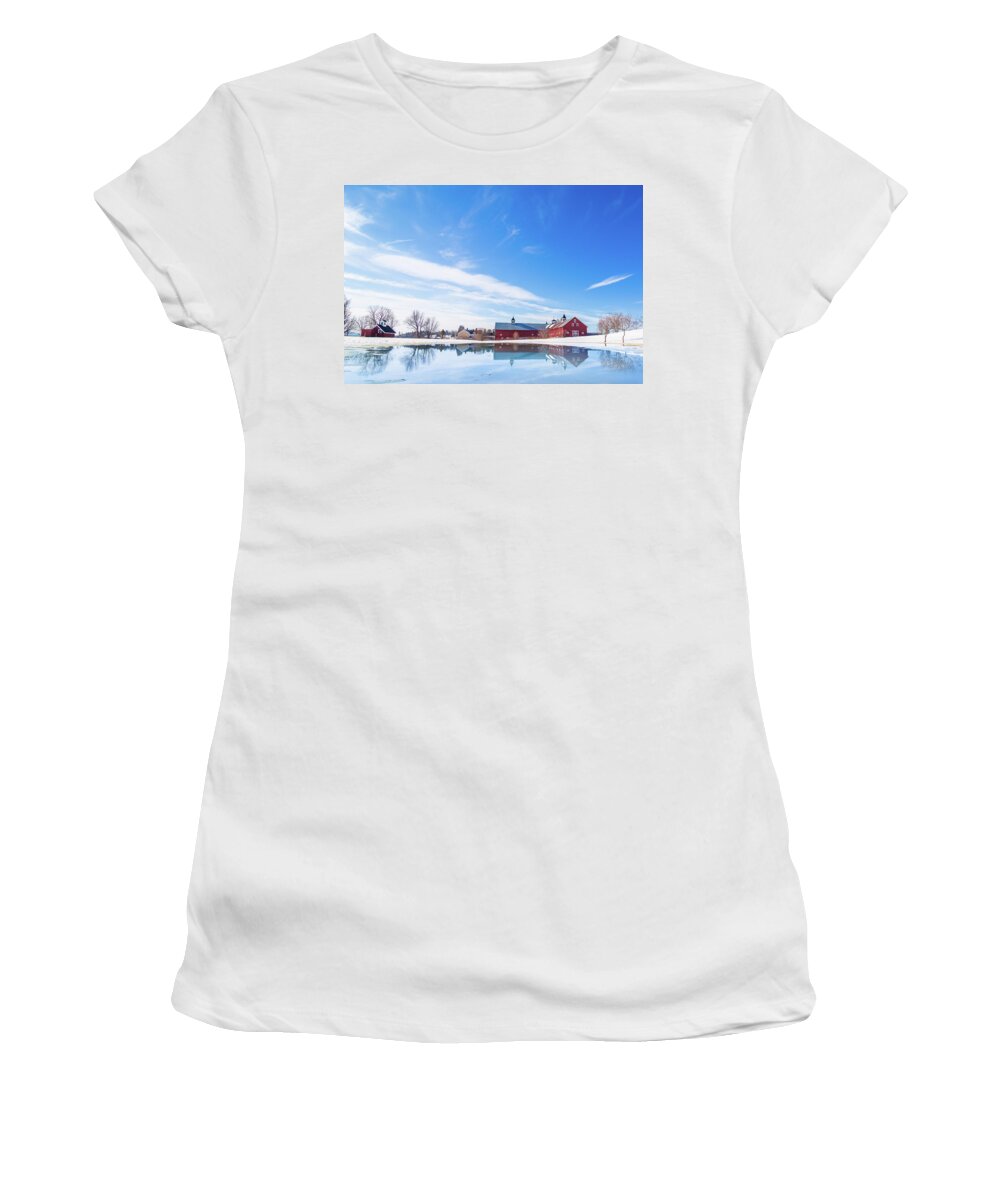 Reflection Women's T-Shirt featuring the photograph Reflection of a Barn in Winter by Tim Kirchoff