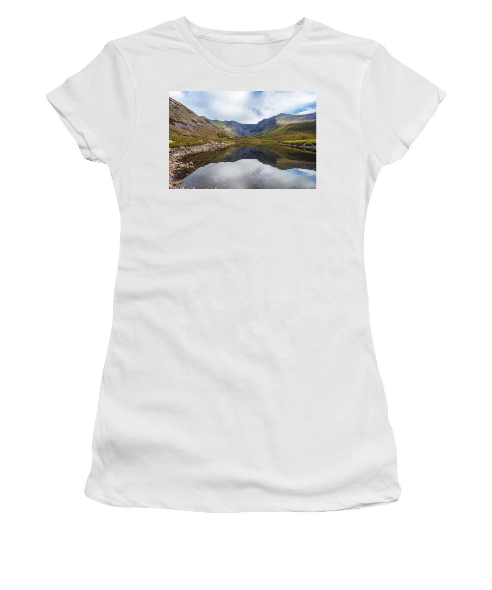 Black Women's T-Shirt featuring the photograph Reflection of Macgillycuddy's Reeks and Carrauntoohil in Lough E by Semmick Photo