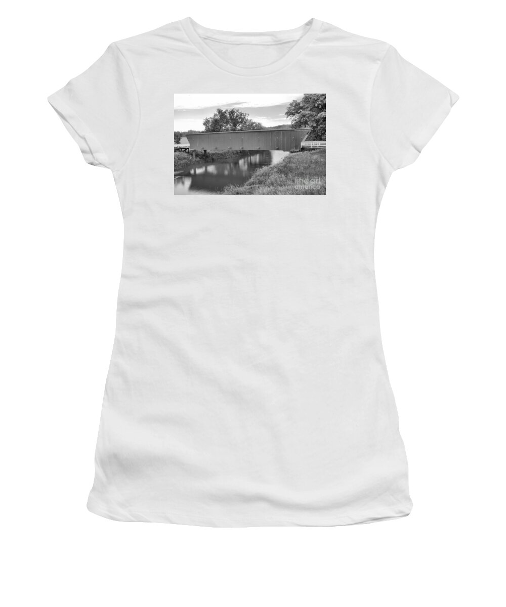 Hogback Covered Bridge Women's T-Shirt featuring the photograph Reflections In The North River Black And White by Adam Jewell