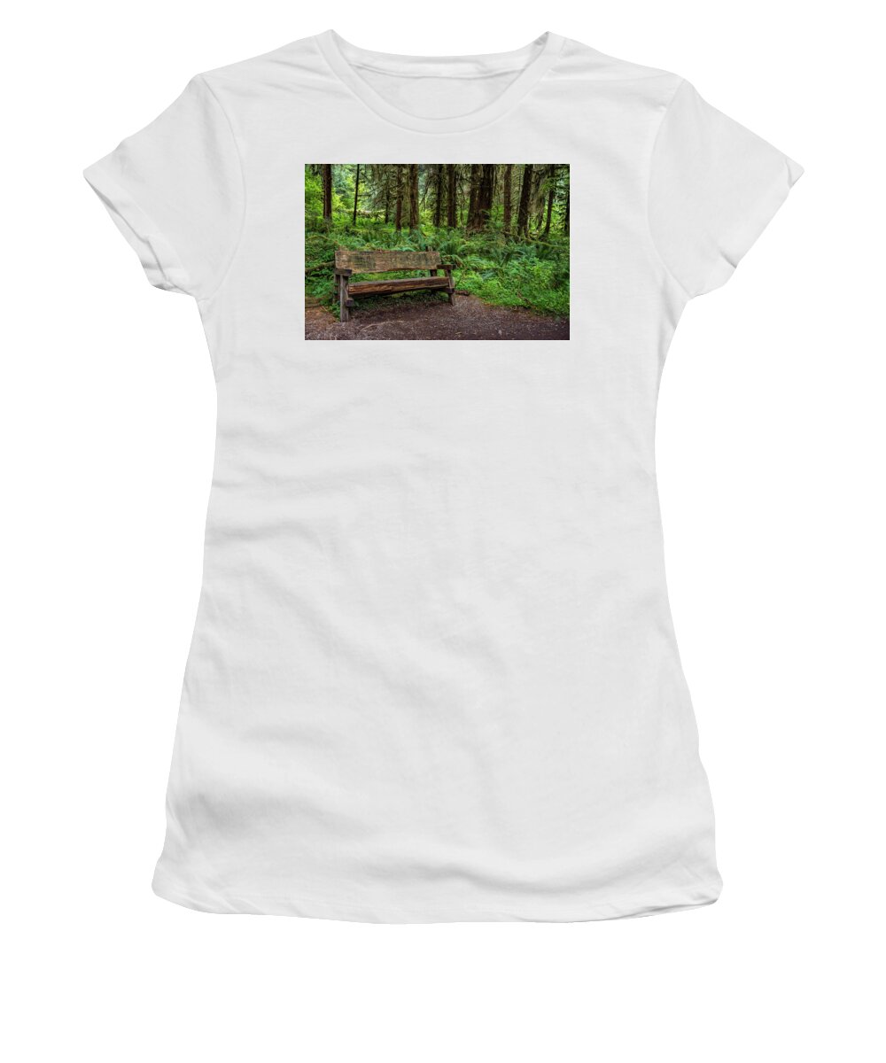 Hoh Women's T-Shirt featuring the photograph Restful Bench in the Forest by Roslyn Wilkins