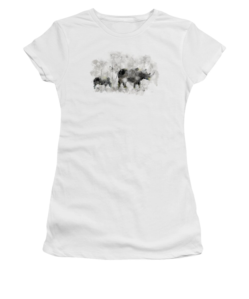 Rhinoceros And Baby Women's T-Shirt featuring the digital art Rhinoceros and baby by Marlene Watson
