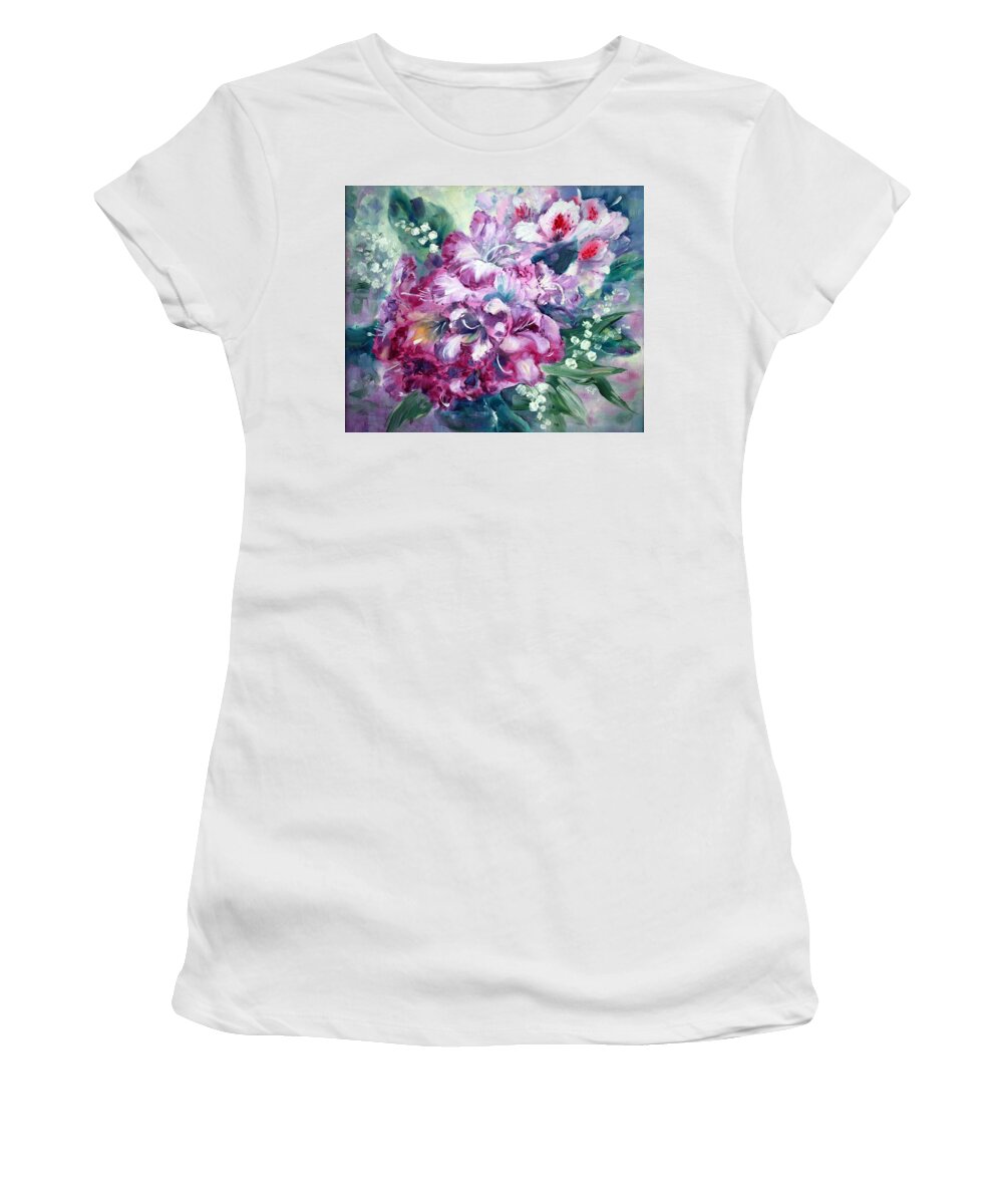 Rhododendron Women's T-Shirt featuring the painting Rhododendron and Lily of the Valley by Ryn Shell
