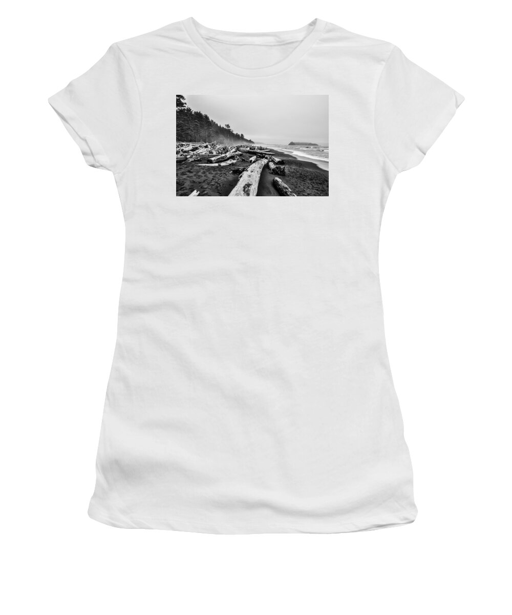 Rain Women's T-Shirt featuring the photograph Rialto Beach Black and White by Pelo Blanco Photo